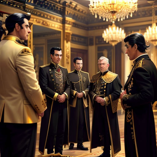 a group of men in uniform standing in a room with chandeliers and chandeliers hanging from the ceiling