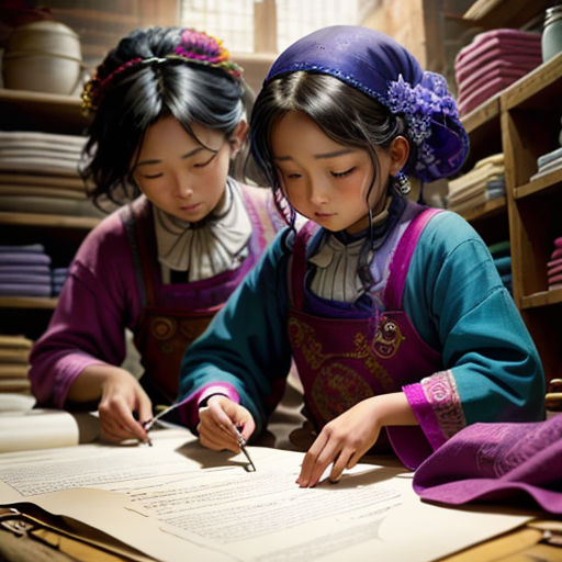 two young girls are writing on a piece of paper in a room full of stacks of plates and bowls