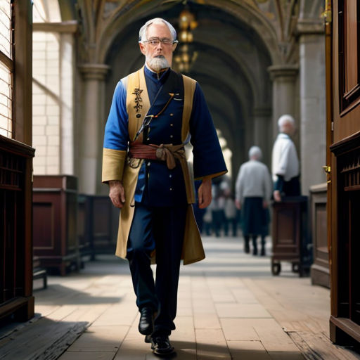 a man in a blue and yellow outfit walking down a hallway with a white beard and a white mustache