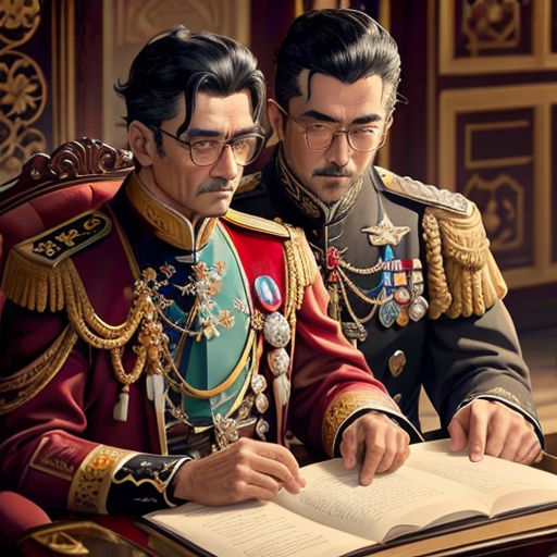 a painting of two men in military uniforms sitting at a table with a book in front of them and a book in front of them