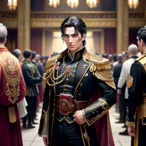 a man in a military uniform standing in a room full of people wearing red and gold robes and a red cape