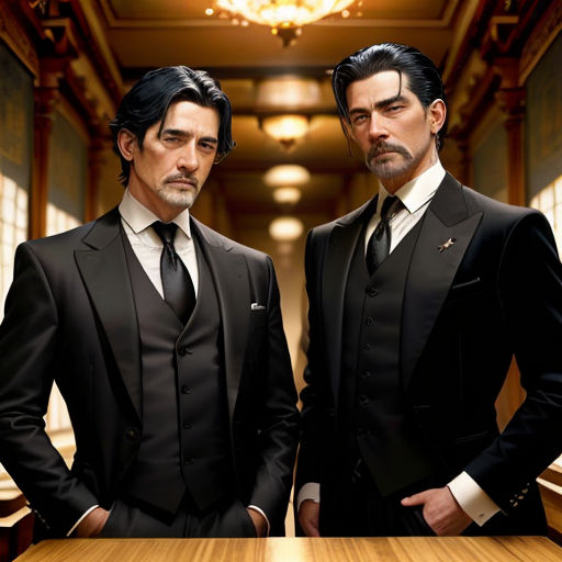 two men in suits standing next to each other in a hallway with a chandelier above them and a chandelier hanging from the ceiling