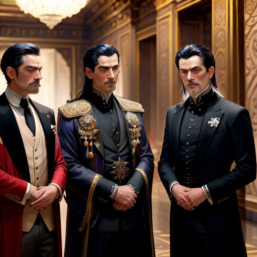three men in formal clothing standing in a room with a chandelier and chandelier hanging from the ceiling