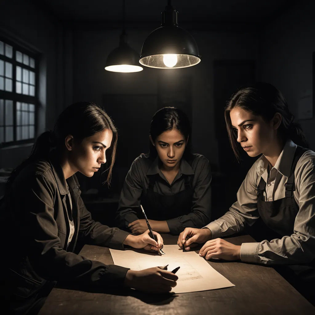three women sitting at a table writing on a piece of paper with a pen and paper towel on it, serial art, poster art, Ayshia Taşkın, promotional image