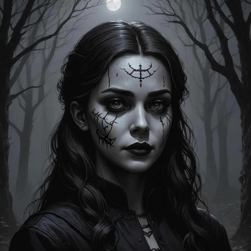 a woman with makeup and makeup art on her face in the woods at night with a full moon behind her, gothic art, a detailed painting, Charlie Bowater, trending on art station