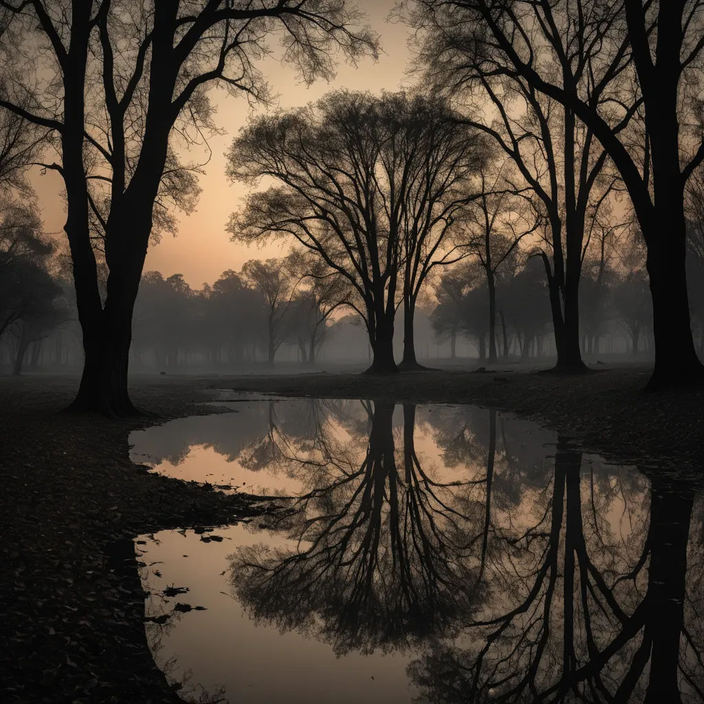 a pond surrounded by trees with a sunset in the background and fog in the air above it, with a few trees reflected in the water, tonalism, a photo, Derold Page, reflective