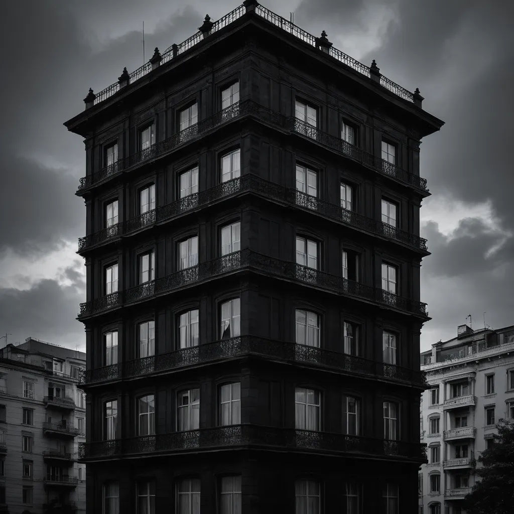a tall building with balconies and balconies on the top of it's sides and a cloudy sky above, international gothic, a matte painting, Antoni Pitxot, dark and moody