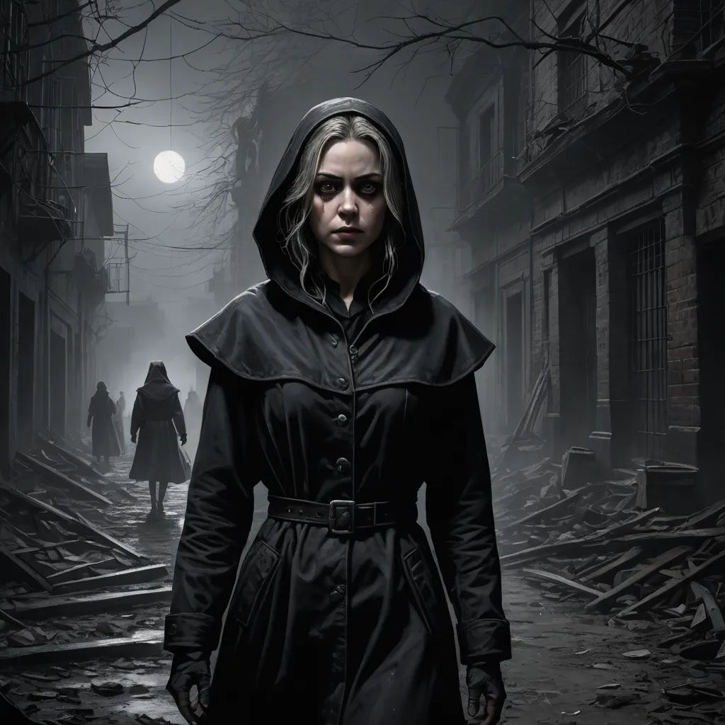 a woman in a hooded coat walking down a dark alley way at night with a full moon in the background, antipodeans, poster art, Dirk Crabeth, key art
