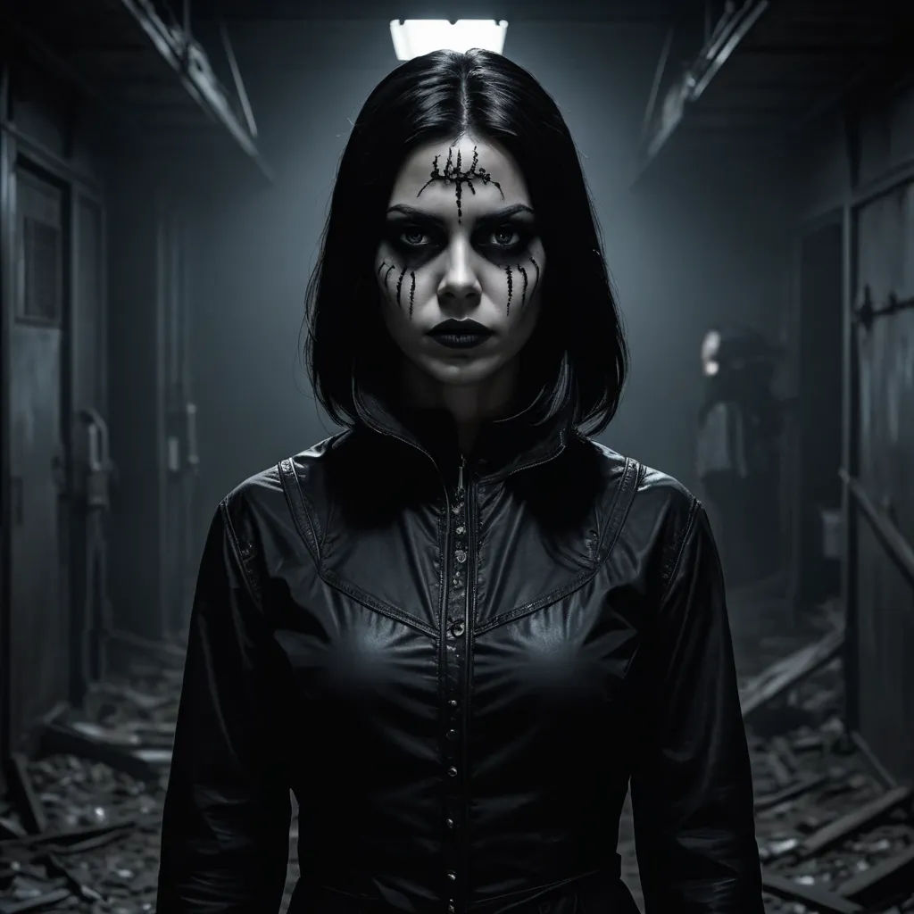 a woman with makeup and makeup on her face standing in a dark room with a light on her head, gothic art, a character portrait, Dirk Crabeth, promotional image
