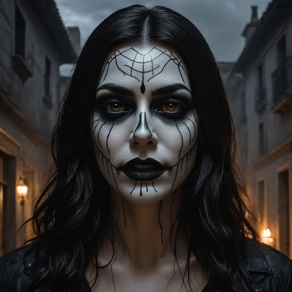 a woman with makeup painted to look like a spider web webper in a dark alleyway with a dark background, gothic art, a character portrait, Dirk Crabeth, syd meade