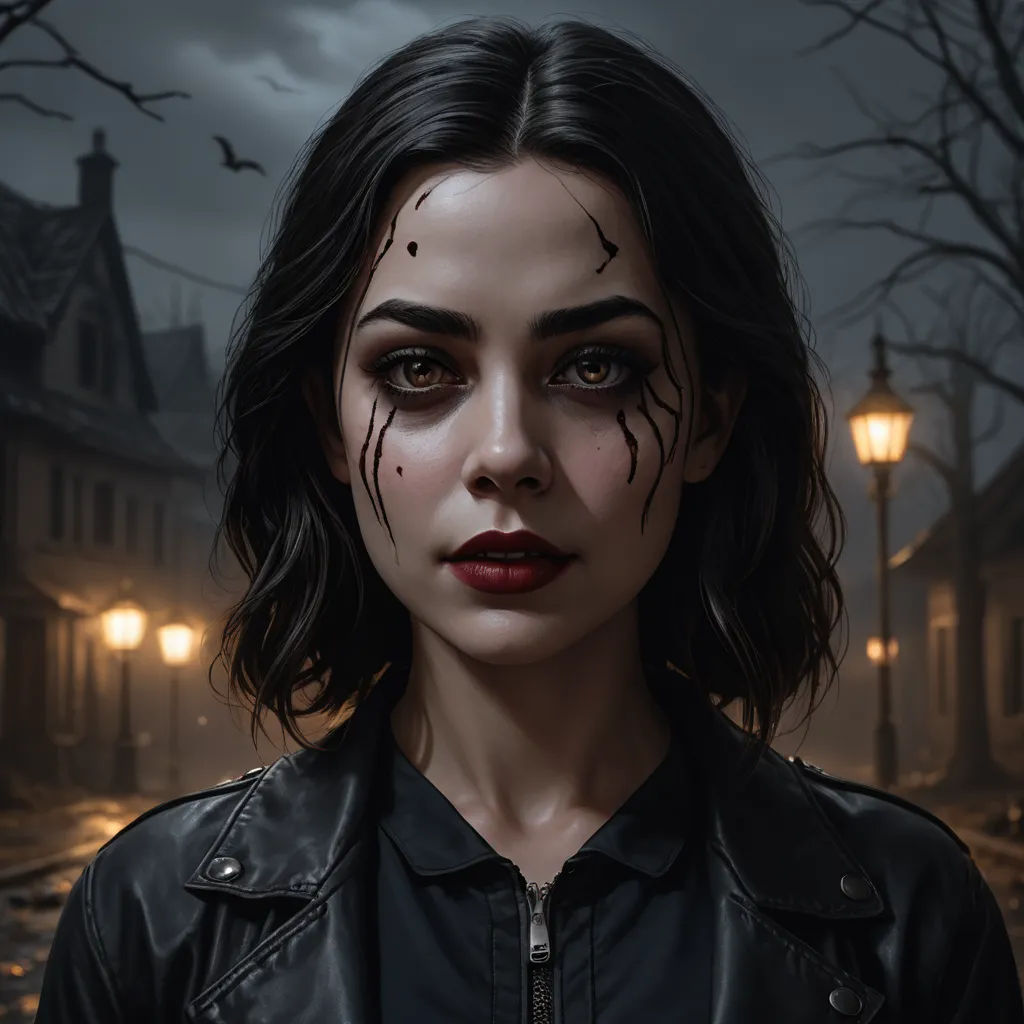 a woman with makeup and blood on her face standing in front of a street light at night with a creepy look on her face, gothic art, a digital painting, Artgerm, stanley artgerm lau