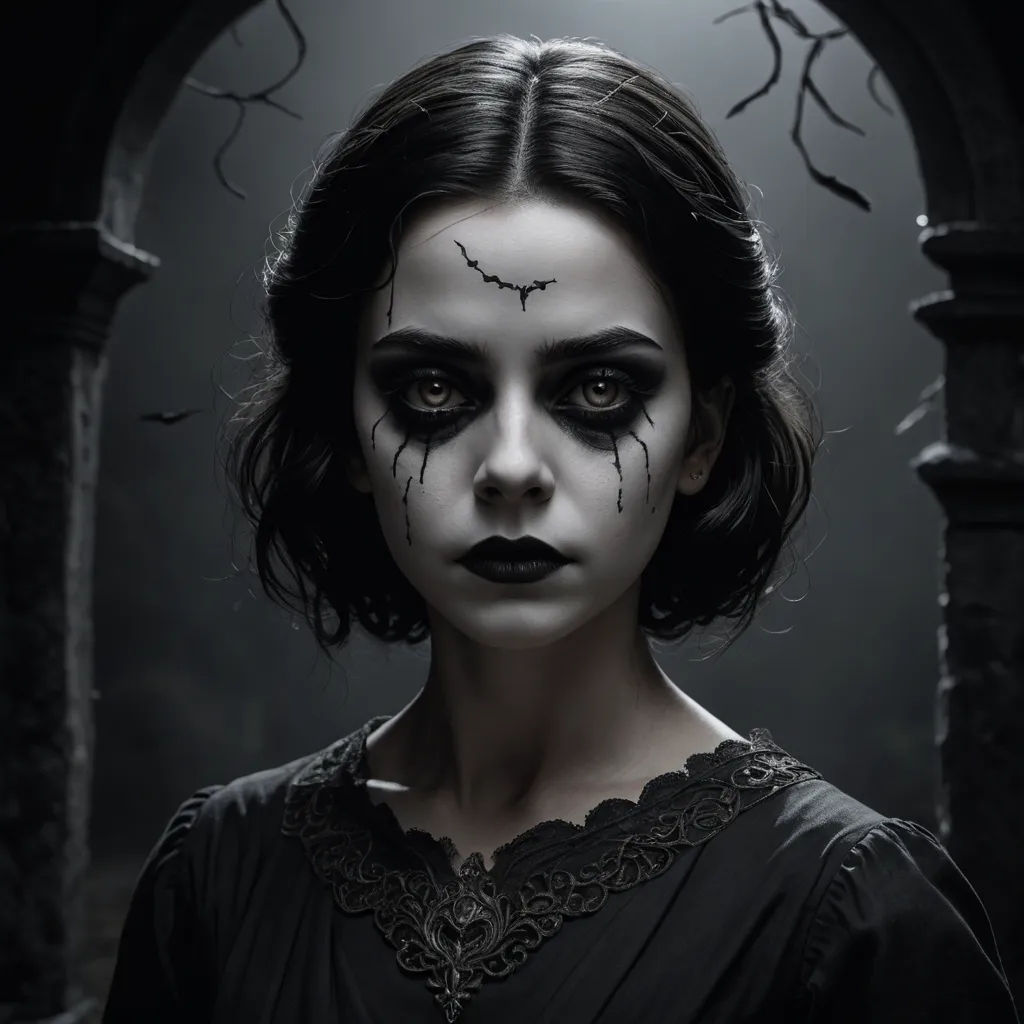 a woman with makeup and black makeup is posing for a photo in a gothic - themed photo studio with a creepy look, gothic art, a photorealistic painting, Dirk Crabeth, gothic
