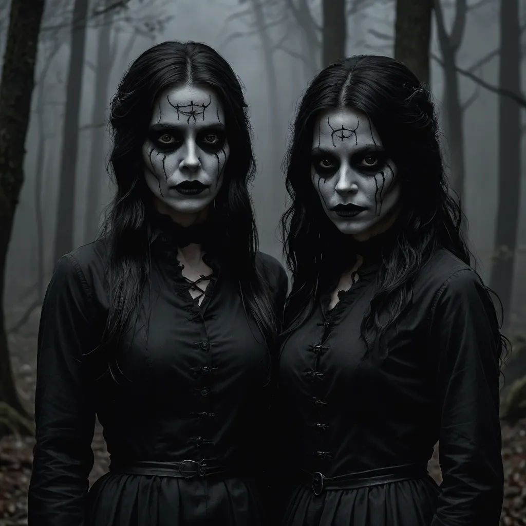 two women with makeup painted on their faces in a forest with trees and leaves in the background, one of them is wearing a black dress, gothic art, concept art, Dirk Crabeth, dark art