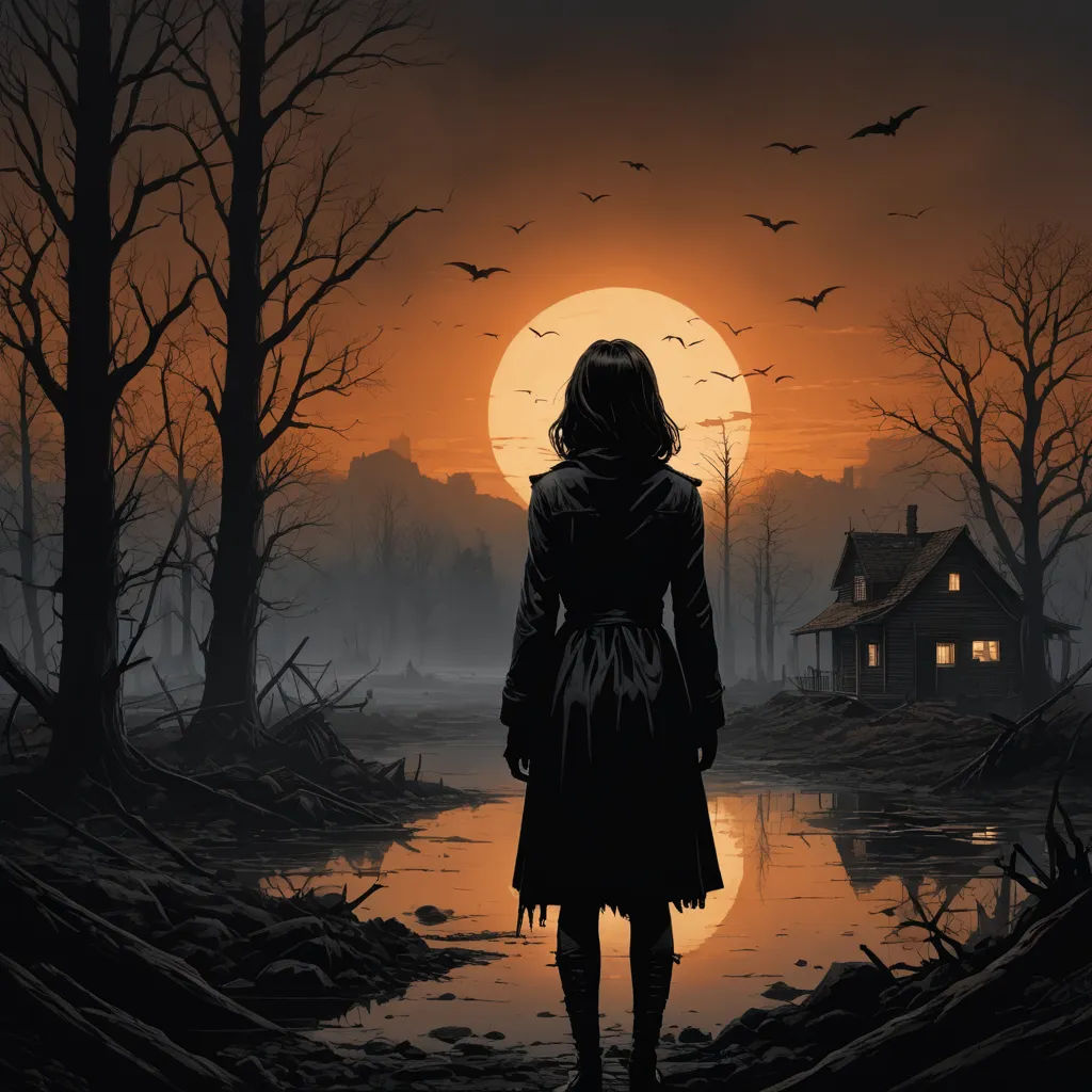 a person standing in front of a lake at sunset with a house in the background and bats flying overhead, gothic art, poster art, Dan Mumford, comic cover art