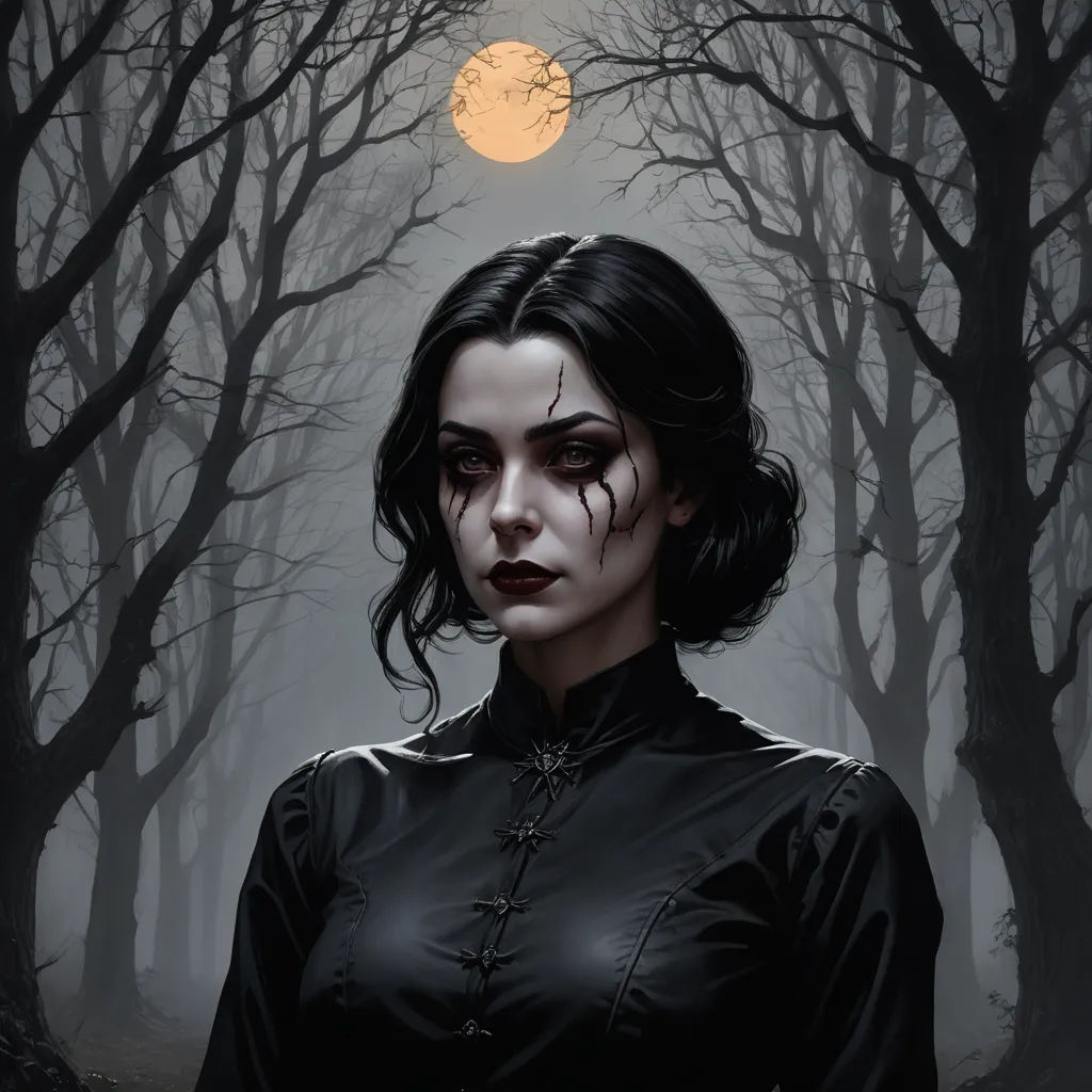 a woman with makeup and blood on her face standing in a forest with trees and a full moon in the background, gothic art, a character portrait, Charlie Bowater, dark fantasy art