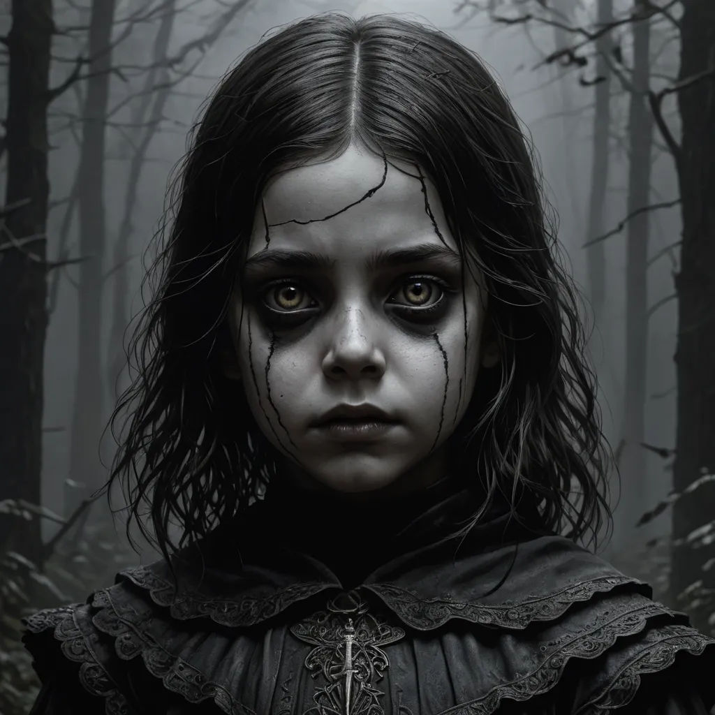a girl with a creepy look on her face in a forest with trees and fogs behind her, with a cross on her chest, gothic art, poster art, Dirk Crabeth, dark art