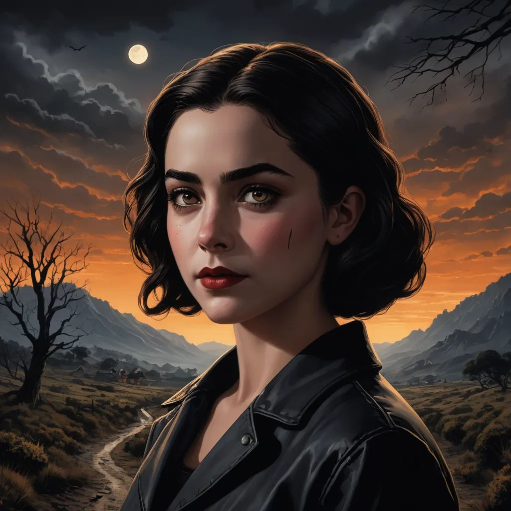 a painting of a woman with a creepy look on her face and a dark background with a full moon, serial art, a character portrait, Edwin Georgi, dan mumford. octane render