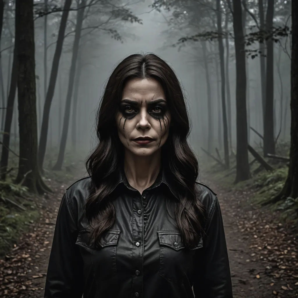a woman with black makeup and a black shirt in a forest with trees and leaves on the ground, with a foggy background, antipodeans, a character portrait, Aramenta Dianthe Vail, promotional image