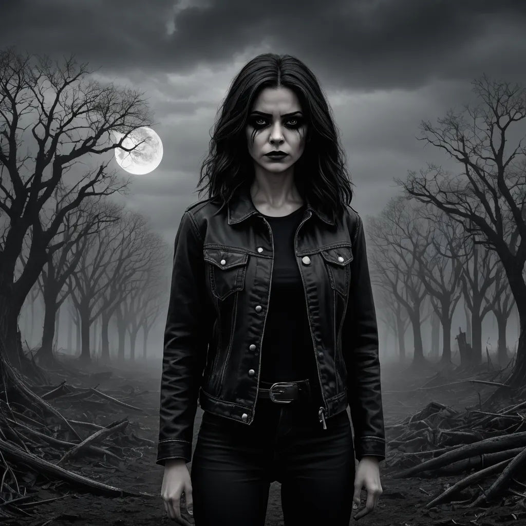 a woman in a black jacket standing in a forest with a full moon in the background and trees in the foreground, gothic art, a detailed matte painting, Dirk Crabeth, promotional image