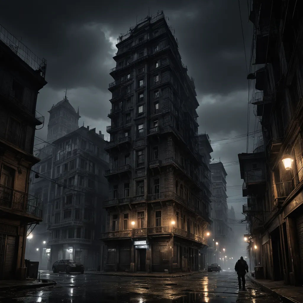 a man walking down a street at night in a city with tall buildings and a dark sky in the background, photorealism, a matte painting, Andor Basch, grim yet sparkling atmosphere
