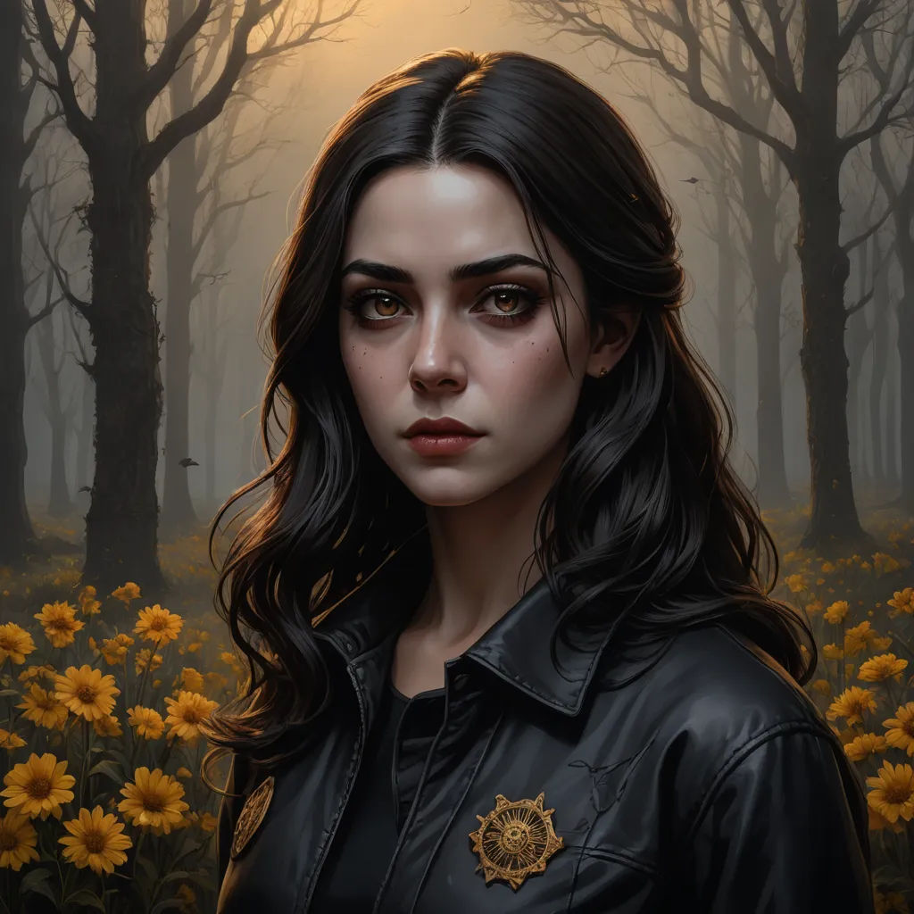 a painting of a woman in a black leather jacket in a forest with yellow flowers and trees in the background, fantasy art, a character portrait, Charlie Bowater, leesha hannigan