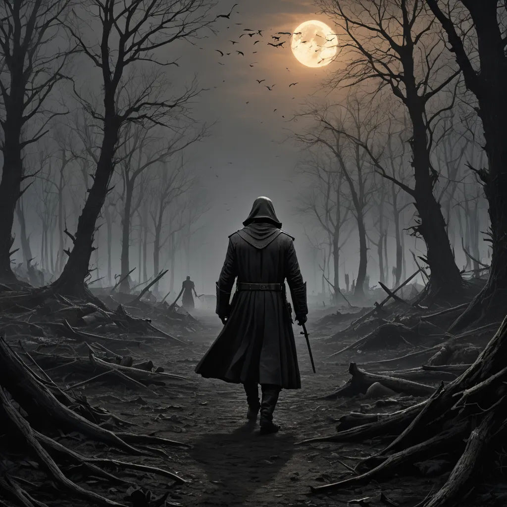 a man in a hooded coat walking through a forest at night with a full moon in the background and bats flying overhead, fantasy art, poster art, Dirk Crabeth, bloodborne