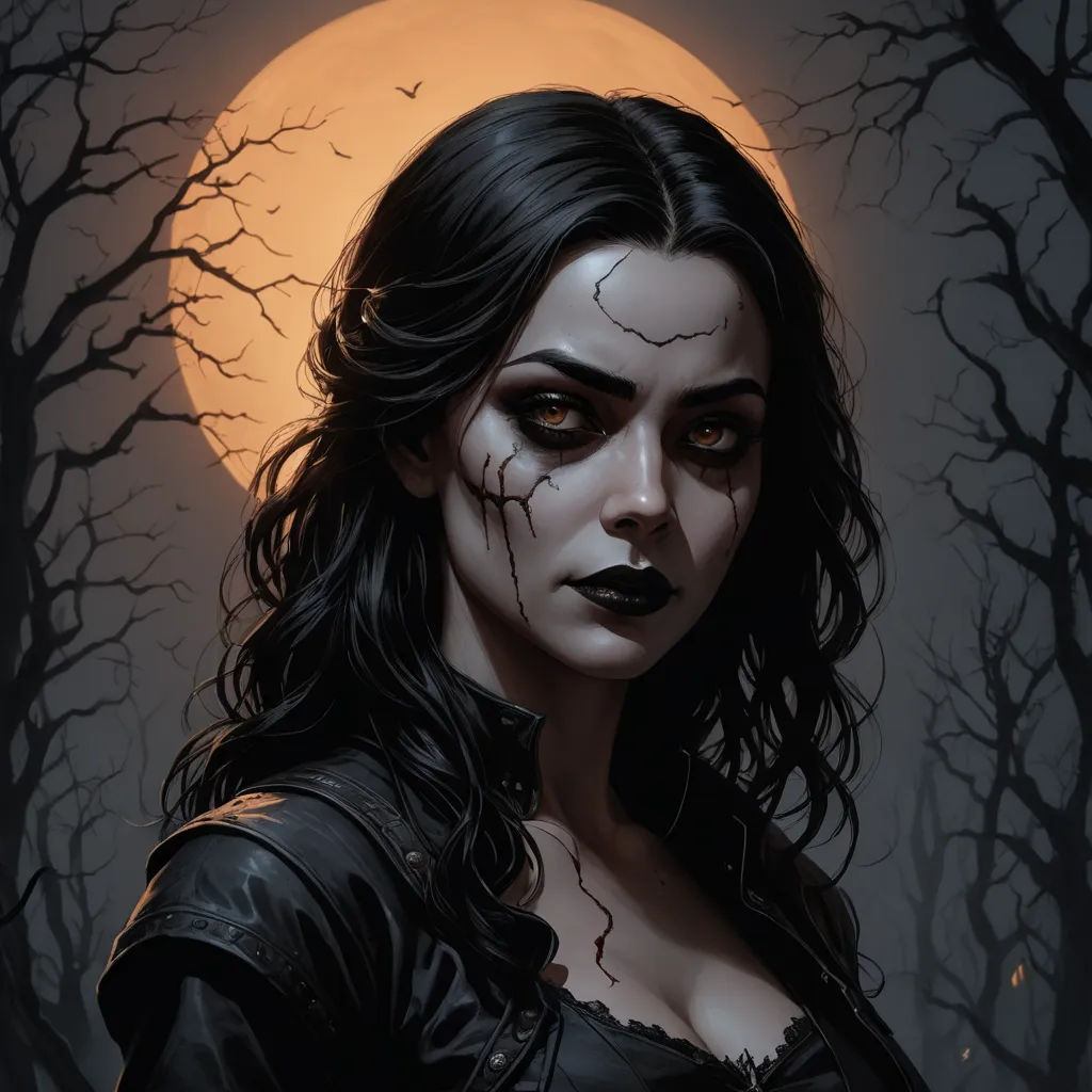 a woman with makeup and makeup on her face in front of a full moon with trees and branches in the background, gothic art, a detailed painting, Art of Brom, mars ravelo and greg rutkowski