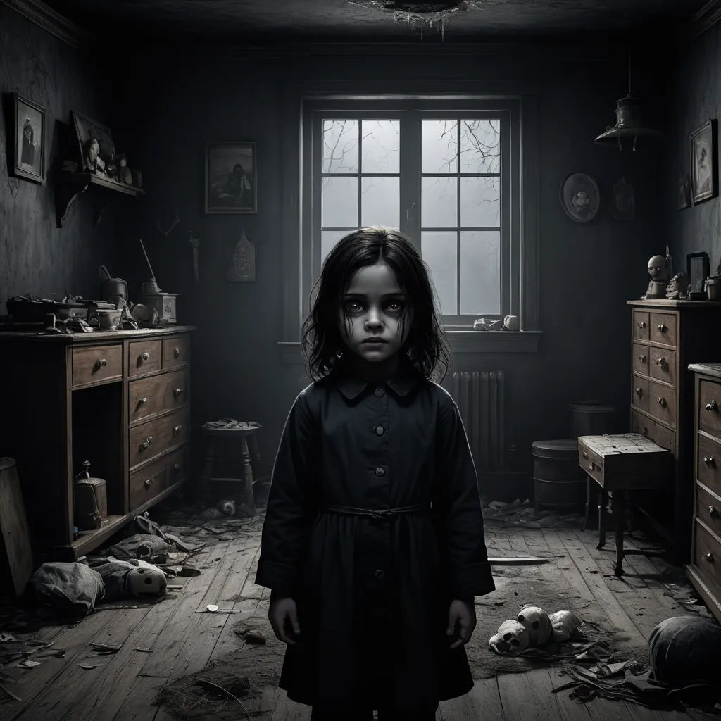 a young girl standing in a dark room with a messy floor and a window in the background, with a creepy look on her face, gothic art, poster art, Ada Gladys Killins, promotional image
