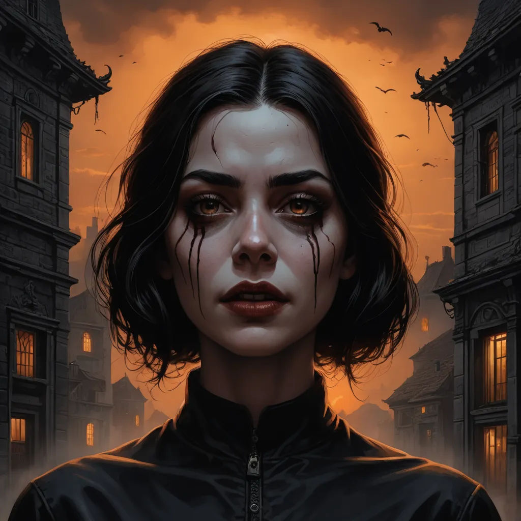 a woman with dark hair and makeup standing in front of a building with bats flying overhead and a dark sky, fantasy art, a detailed painting, Cedric Peyravernay, mars ravelo and greg rutkowski