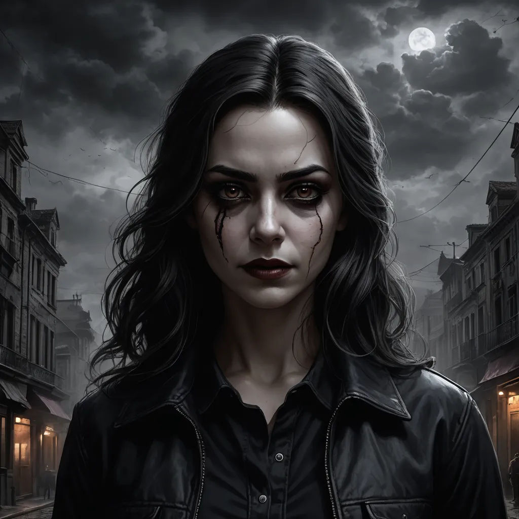 a woman with blood on her face and a black shirt on in a dark city street with a full moon in the sky, gothic art, a character portrait, Dirk Crabeth, magic the gathering artwork