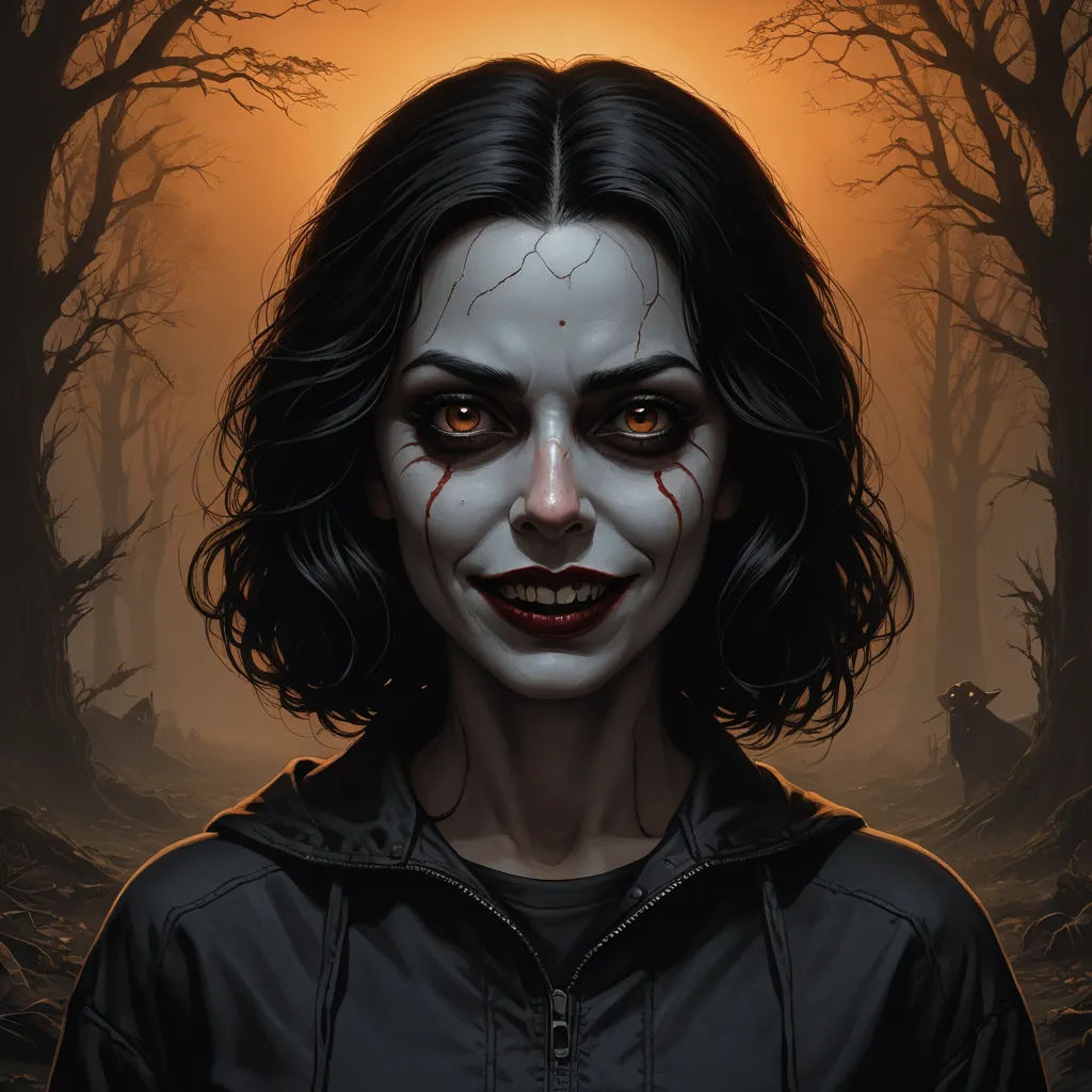 a woman with a creepy face and blood on her face in a dark forest with trees and a full moon, serial art, a character portrait, Dan Mumford, comic cover art