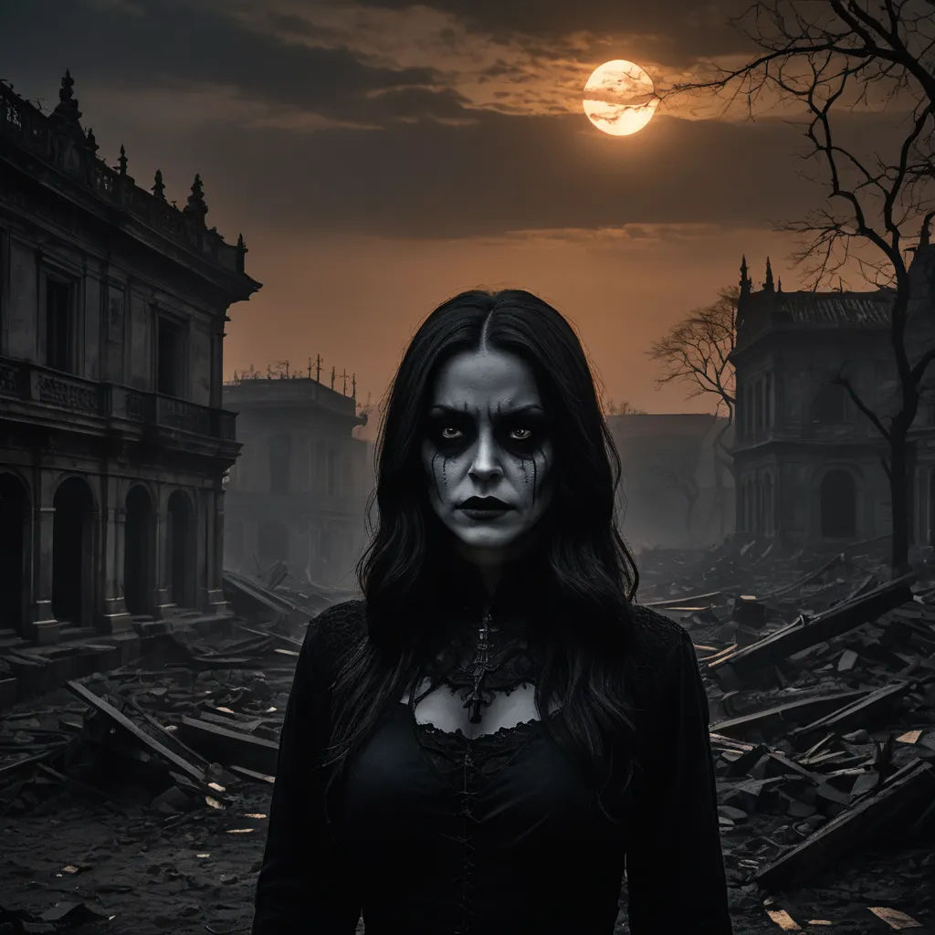 a woman with makeup painted on her face standing in front of a full moon in a dark city with ruins, gothic art, a detailed matte painting, Dirk Crabeth, dark art