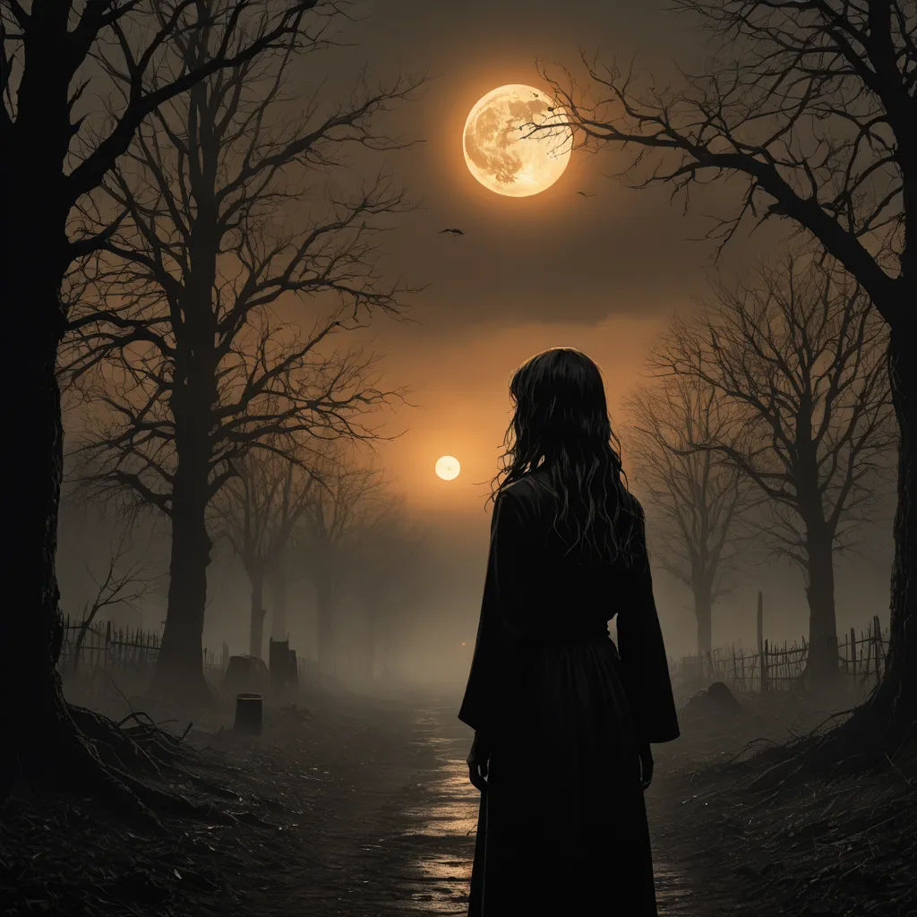 a woman standing in a dark forest at night with a full moon in the background and a dark sky, gothic art, a detailed matte painting, Dirk Crabeth, gothic