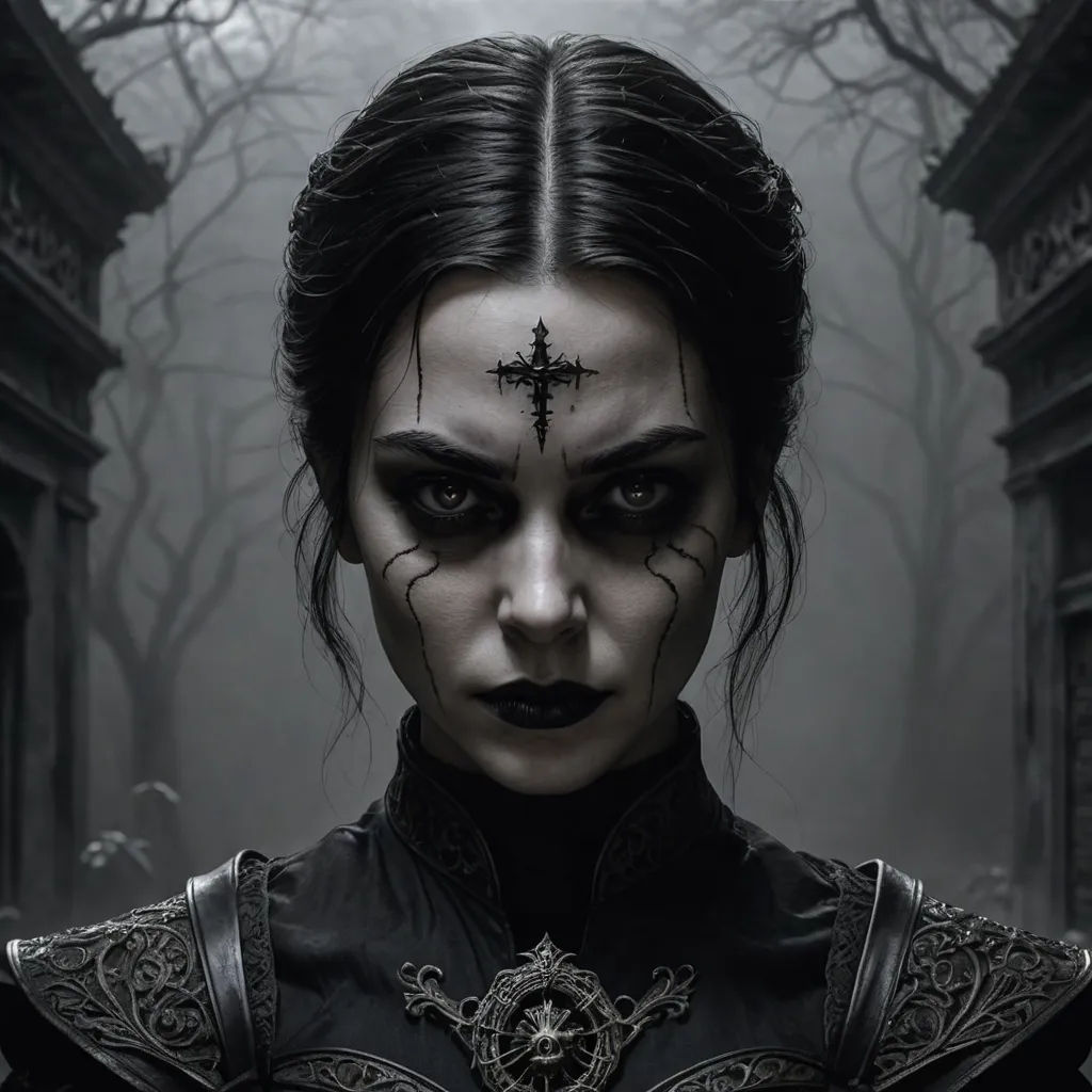 a woman with black makeup and cross on her forehead in a dark forest with trees and buildings behind her, gothic art, poster art, Dirk Crabeth, dark art