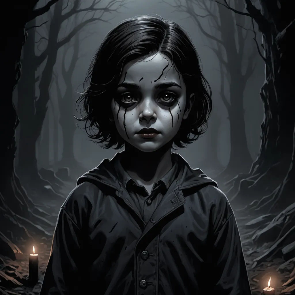 a young girl with a creepy look on her face in a dark forest with candles lit up in the dark, gothic art, poster art, Dan Mumford, dark art