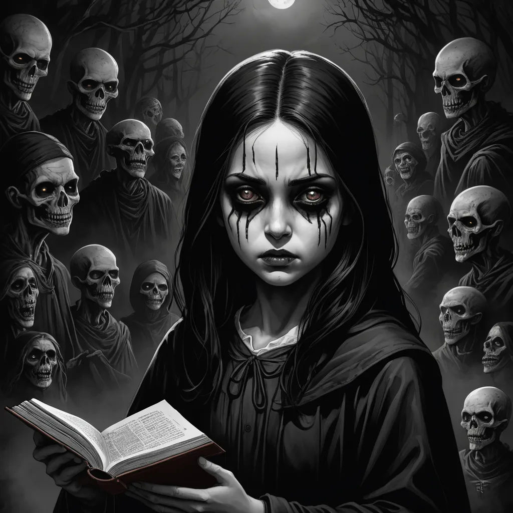a woman holding a book in front of a group of skulls in a dark forest with a full moon, gothic art, a storybook illustration, Art of Brom, dark art