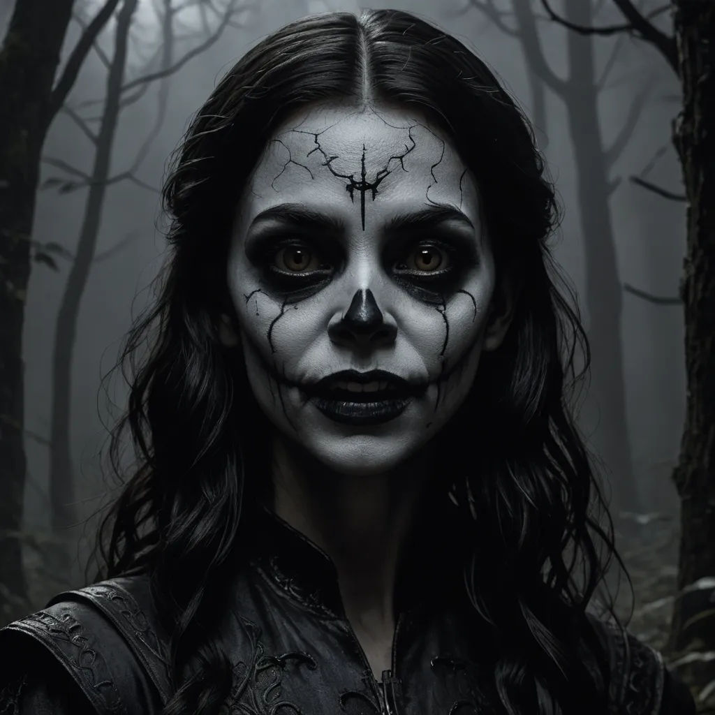 a woman with makeup painted to look like a skeleton in the woods with a cross on her forehead and a cross on her forehead, gothic art, concept art, Dirk Crabeth, dark art
