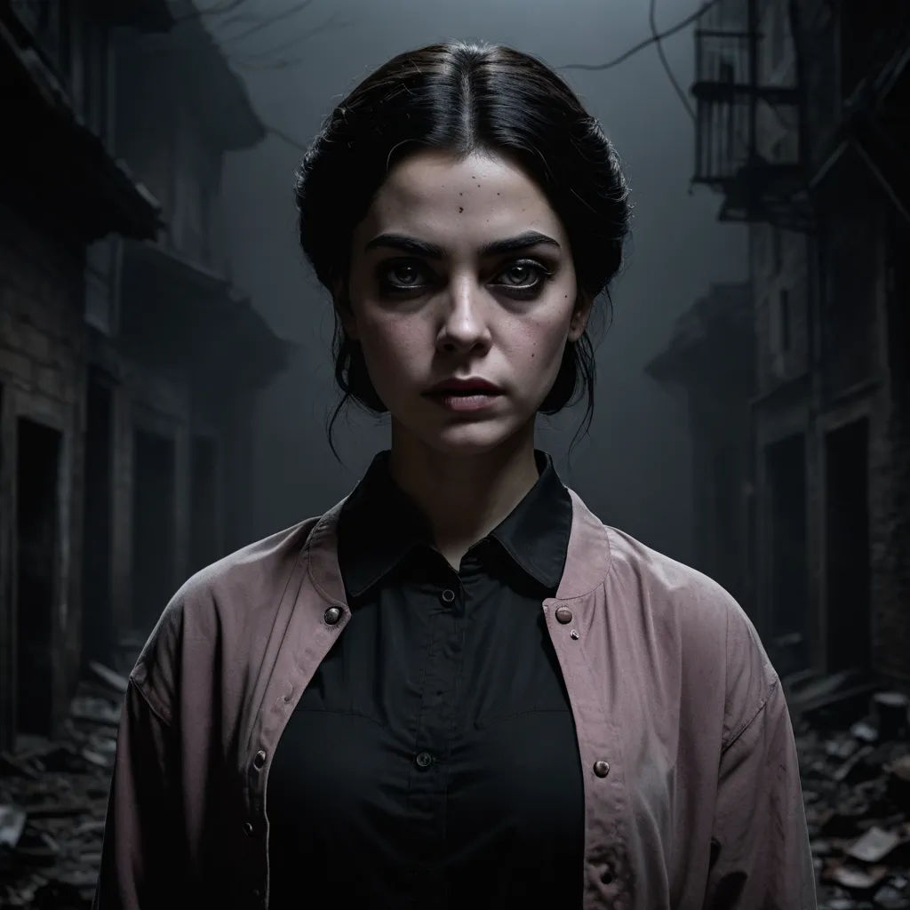 a woman with black eyes standing in a dark alleyway with a birdcage on her head and a dark background, serial art, a character portrait, Araceli Gilbert, promotional image