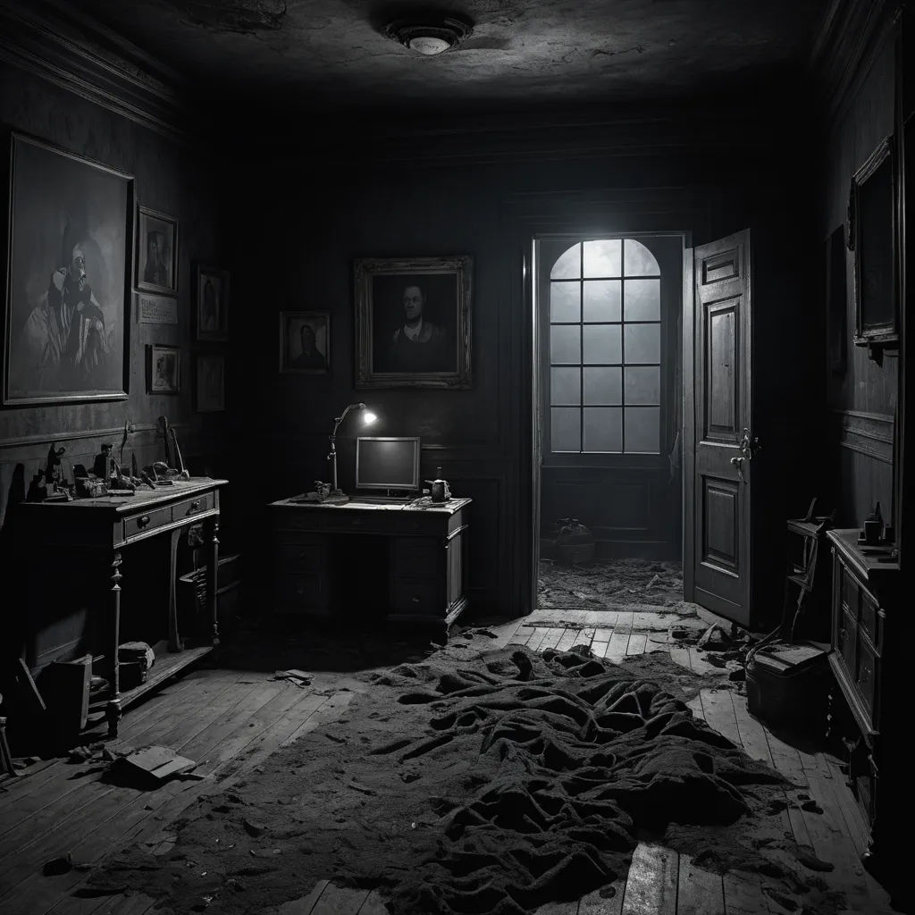 a dark room with a bed and a desk in it and a painting on the wall and a painting on the floor, photorealism, a black and white photo, Brassaï, unreal engine render