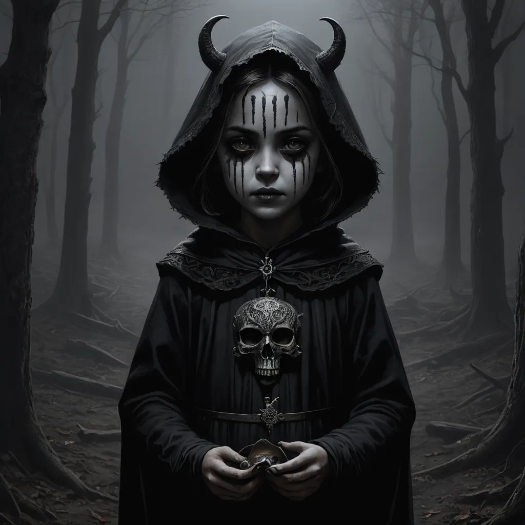a person in a hooded outfit with horns and a skull on their head in a dark forest with a full moon, gothic art, an ultrafine detailed painting, Bastien L. Deharme, dark art
