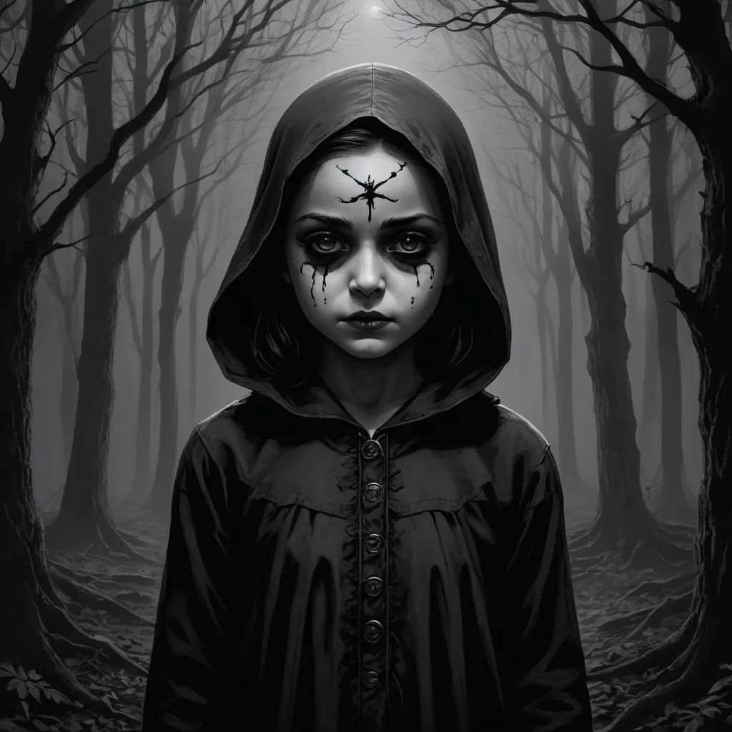 a girl with a cross painted on her face in a dark forest with trees and branches, with a light shining through the trees, gothic art, an ultrafine detailed painting, Dirk Crabeth, dark art