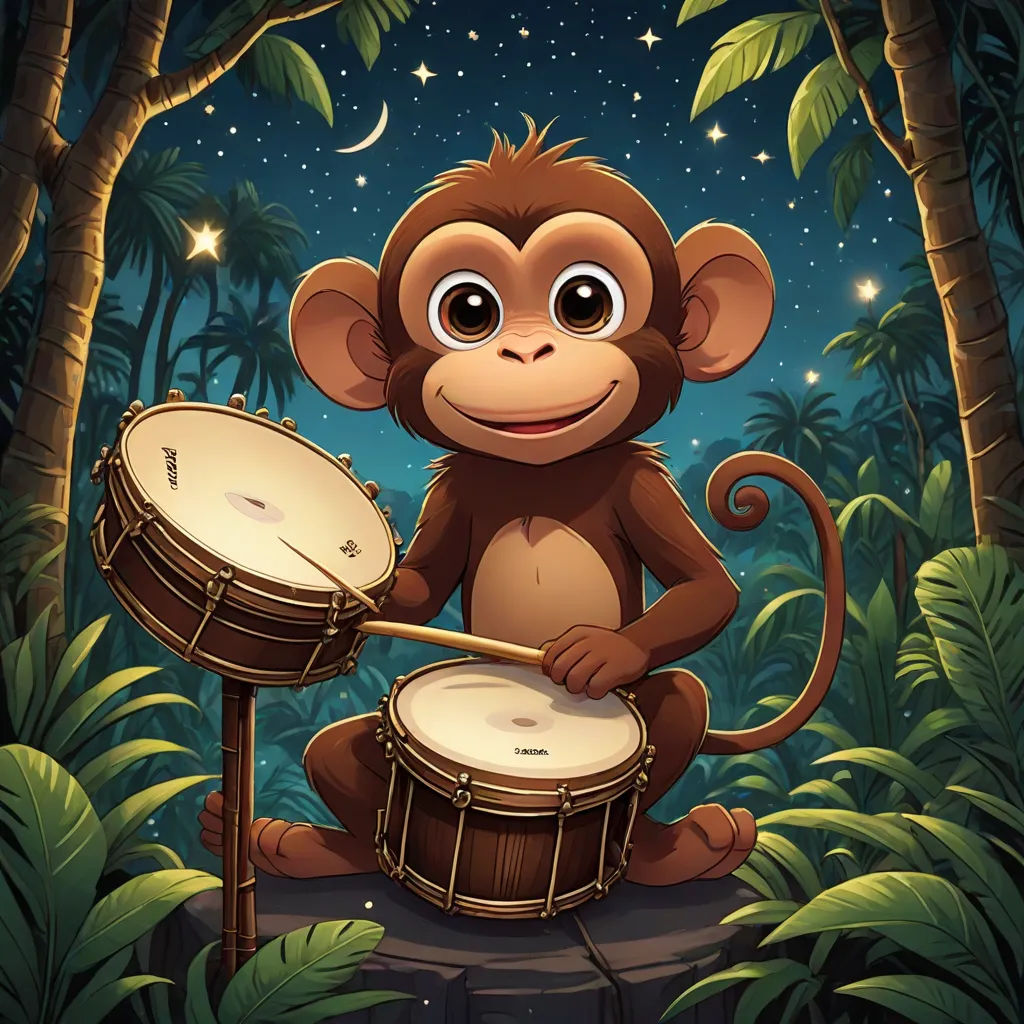a monkey playing a drum in the jungle at night with stars and moon in the sky above it and a forest background, dau-al-set, a character portrait, Alex Petruk APe, jungle