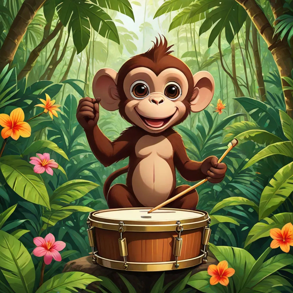 a monkey playing drums in the jungle with flowers and plants around him illustration by alex macgrewhill, primitivism, a storybook illustration, Alex Petruk APe, jungle