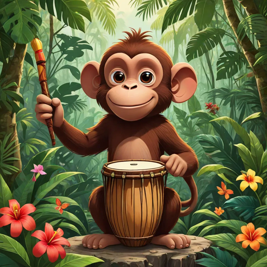 a monkey holding a drum in a jungle with flowers and plants around it, with a stick in his hand, primitivism, a character portrait, Alex Petruk APe, jungle