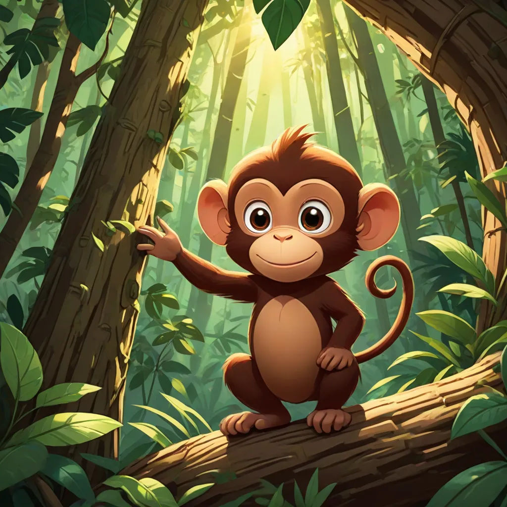 a monkey standing on a log in a jungle with a light shining through the trees behind it and a green leafy background, sumatraism, a character portrait, Diego Gisbert Llorens, jungle