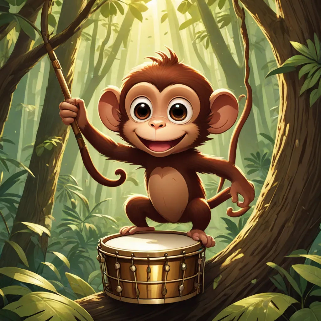 a monkey holding a stick and a drum in a forest with a sunbeam in the background illustration by alex krawc, primitivism, a character portrait, Alex Petruk APe, jungle