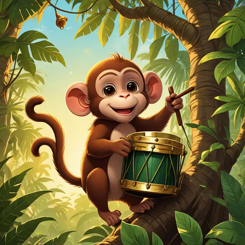 a monkey holding a drum in a jungle with a tree in the background and a bird flying above it, sumatraism, a character portrait, Alex Petruk APe, jungle