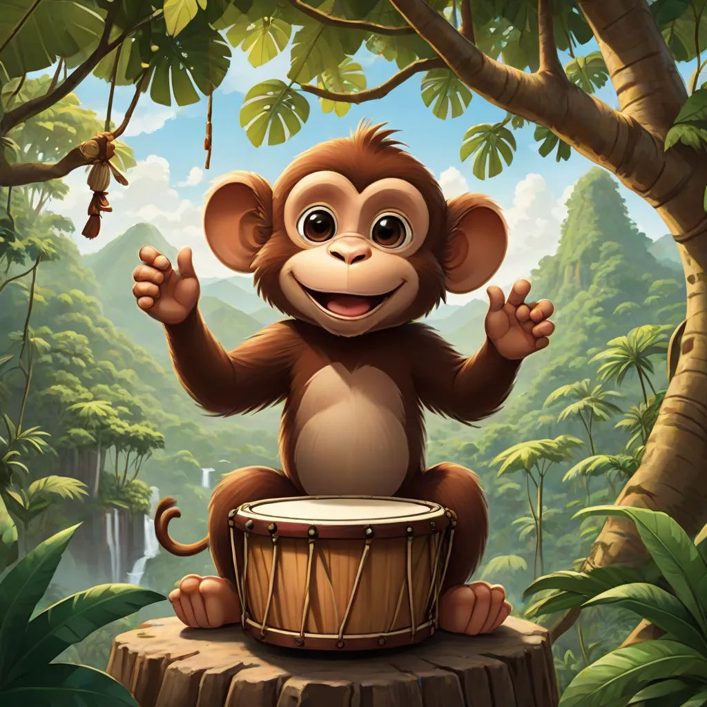 a monkey sitting on a tree stump with a drum in his hand and a jungle background with trees and bushes, sots art, a character portrait, Alex Petruk APe, jungle