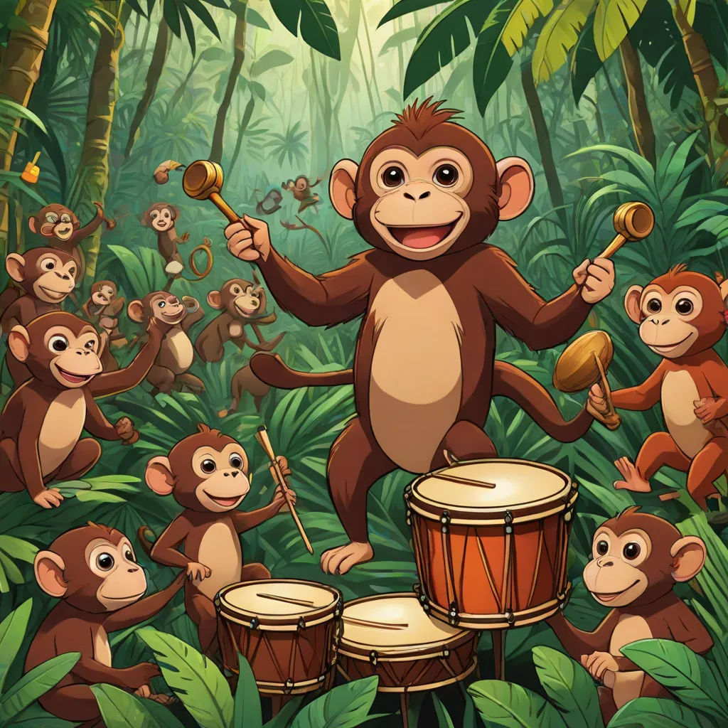 a group of monkeys playing drums in the jungle with a drummer and a group of monkeys behind them, all looking at the camera, primitivism, a poster, Alex Petruk APe, jungle