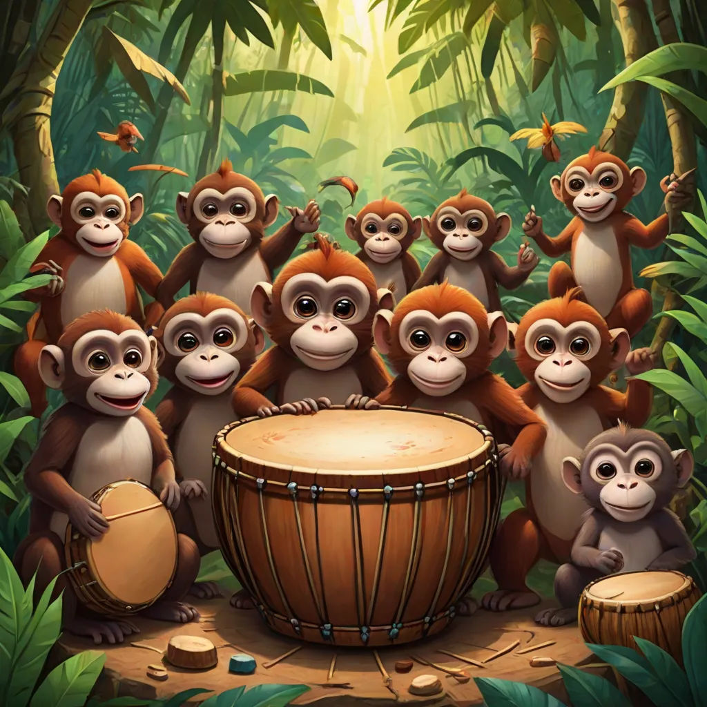 a group of monkeys playing a musical instrument in the jungle with a drum in front of them and a group of monkeys behind them, primitivism, an album cover, Alex Petruk APe, jungle